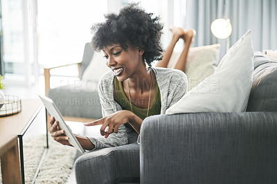 Buy stock photo Happy, tablet and black woman relax on sofa for online connection, social media and internet. Home, typing and person on digital tech for networking, scroll website and subscription on weekend