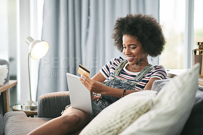 Buy stock photo Payment, card and woman with tablet, home or happy for digital purchase, online shopping and lounge. Rest, customer and African person with credit for discount, smile and tech for ecommerce in house