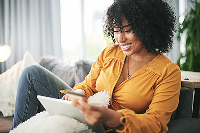 Buy stock photo Happy woman, tablet and credit card on sofa for ecommerce, deal and discount sale on web at home. Person, smile and relax on couch with fintech application, online shopping and easy payment in lounge