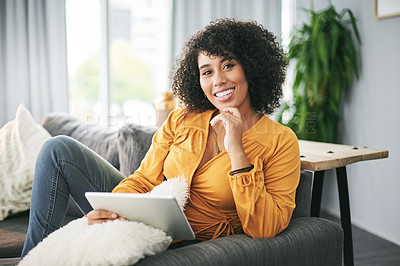 Buy stock photo Break, portrait and tablet with woman on sofa in living room of home for download, post or update. App, smile and social media with happy African person in apartment to rest on weekend for me time