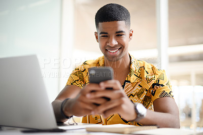 Buy stock photo Happy, laptop or phone for fashion designer communication in ecommerce, online shop or store app. African person, stylist or technology for product price research, sourcing or creative vision ideas