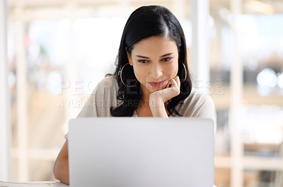 Buy stock photo Business, woman and research on laptop in office for email feedback, communication or networking. Digital designer, employee and happy for online content review and social media marketing campaign