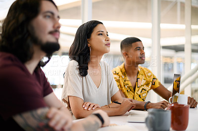 Buy stock photo Business, people and listening to presentation in office for creative brief, project updates and requirements. Team, graphic designers and meeting to review trends, collaboration and workshop.