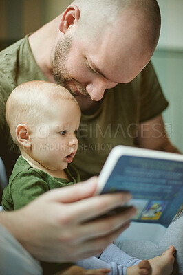 Buy stock photo Family, father reading for baby with book and storytelling, learning and development with early childhood and love. Man, child and story, bonding and care, relationship and learn language with words