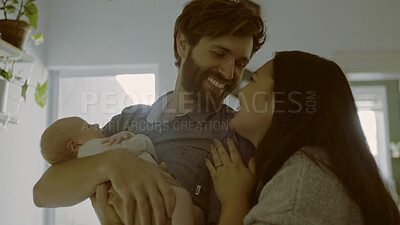 Buy stock photo Love, mom or dad with newborn in a happy family for care or bond together for child development. Smile, hug or proud father with an excited mother or infant baby for support, trust or comfort at home