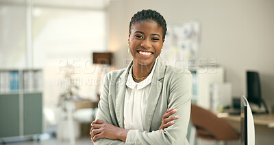 Buy stock photo Portrait, happy and a business black woman arms crossed in a corporate office as a professional. Management, suit and smile with a confident employee in her workplace with a mindset on company growth