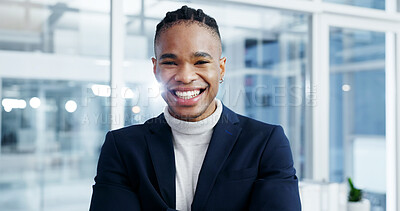 Buy stock photo Business, happy and black man in office with portrait, wealth advisor and about us in accounting. Flare, ambition and finance consultant with pride, risk specialist or confidence as portfolio manager