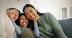 Family, hug and child with grandma in home, laughing and bonding with senior mother in living room. Happy mom, generations and Asian people with girl, portrait or connection with grandparent in house