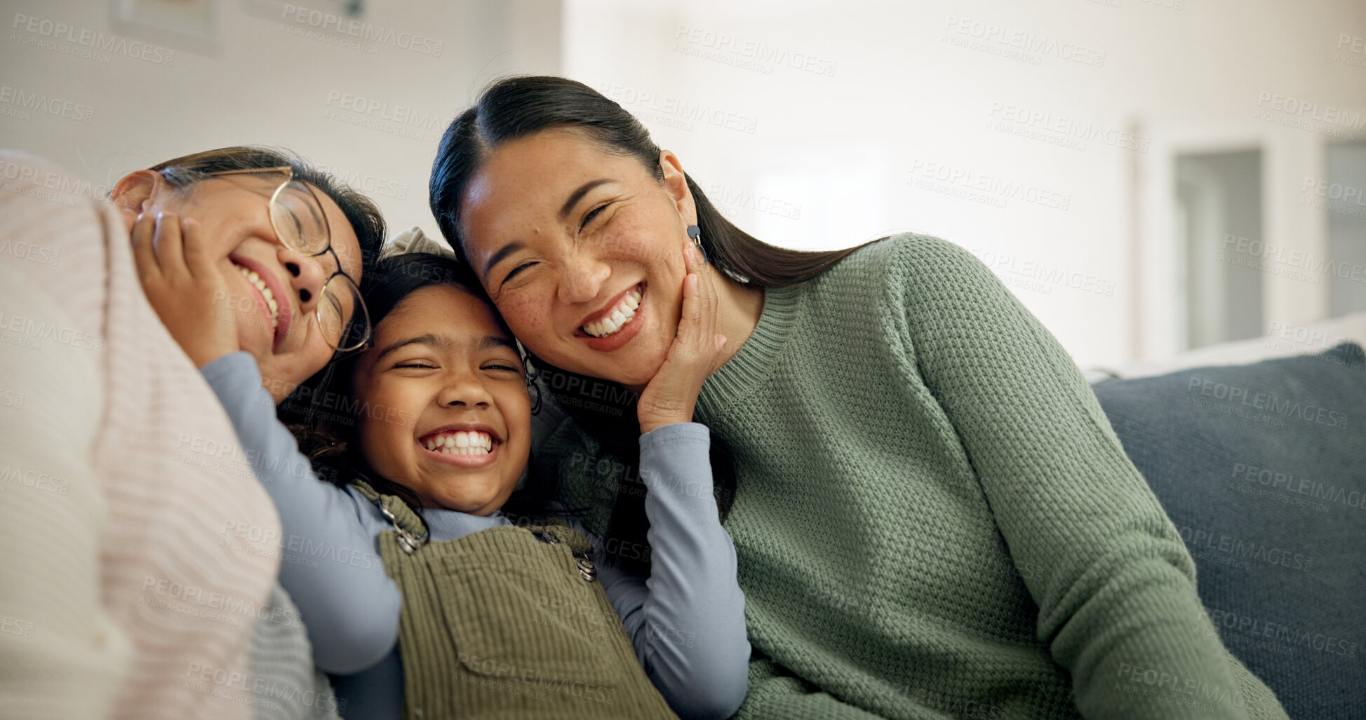 Buy stock photo Family, hug and child with grandma in home, laughing and bonding with senior mother in living room. Happy mom, generations and Asian people with girl, portrait or connection with grandparent in house