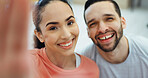 Smile, couple and selfie in home for yoga, photography and social media post for fitness vlog. Portrait, people and capture memory in lounge with pov, profile picture update and exercise for bonding