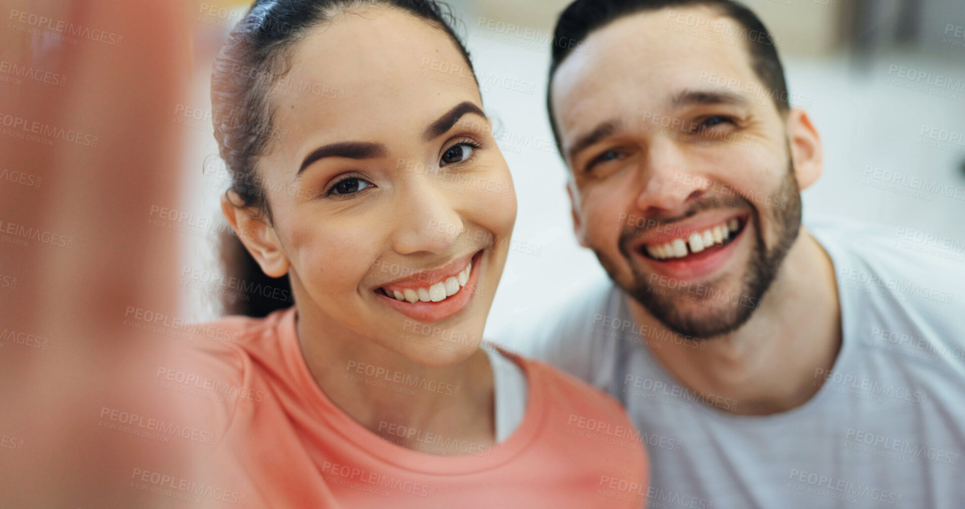 Buy stock photo Smile, couple and selfie in home for yoga, photography and social media post for fitness vlog. Portrait, people and capture memory in lounge with pov, profile picture update and exercise for bonding