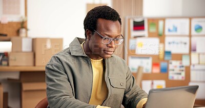 Buy stock photo Black man, laptop and research in small business for logistics, order management and feedback. Entrepreneur, smile and PC in office for inventory control, website update and distribution schedule