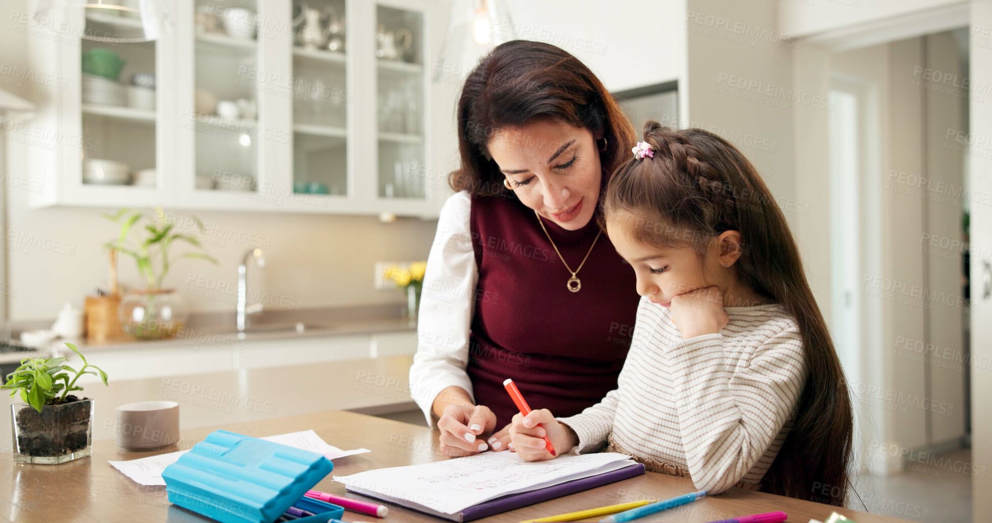 Buy stock photo Homework, mother and child in kitchen with help, childcare and support with homeschool activity. Education, parent and girl with task aid, family guidance and assistance in distance learning.