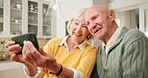 Happy, selfie and old couple in home with love, relationship connection and memories for retirement. Married, elderly people and photography in house with soulmate, good mood and social media post.