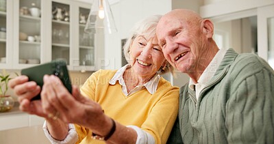 Buy stock photo Happy, selfie and old couple in home with love, relationship connection and memories for retirement. Married, elderly people and photography in house with soulmate, good mood and social media post.