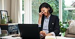 Remote work, woman or stress at laptop with headache, filing deadline or client error in tax returns. Tech, accountant and migraine for freelance workload, audit peak or bookkeeping pressure in home
