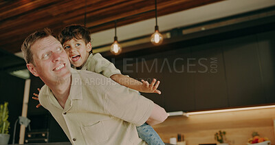 Buy stock photo Dad, airplane and play with child in home for support, bonding together and excited for quality time. Happy boy, father and flying game at family house for care, piggyback and parent with space