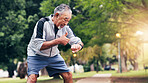 Senior, man or checking watch with thumbs up in park for fitness success or tracking performance. Elderly, male person or wristwatch with like emoji or yes sign for monitoring health or outdoor goals