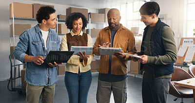 Buy stock photo Logistics, team and people with tablet in small business, talking or planning for delivery schedule. Supply chain, collaboration and happy colleagues with tech, online and stock distribution on web