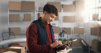 Smile, man and tablet in small business for shipping, route update or package dispatch in logistics. Startup, person or happy with digital for positive reviews, delivery confirmation and online order