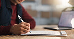 Clipboard, writing and logistics manager in office for invoice, delivery details or export agenda. Courier, distribution paperwork and hands of person for shipment schedule or shipping information