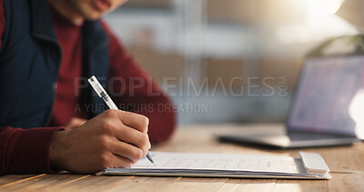 Buy stock photo Clipboard, writing and logistics manager in office for invoice, delivery details or export agenda. Courier, distribution paperwork and hands of person for shipment schedule or shipping information