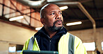 Tablet, thinking and black man in warehouse for construction, inventory check and woodworking. Supervisor, planning and mature person on tech for carpentry report, manufacturing and timber production