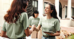Woman, handshake and tablet outdoor for volunteering, welcome and thank you for community service. Smile, people or shaking hands with digital for greeting, recognition and success of welfare project