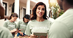 Woman, team and tablet outdoor for volunteering, sign up and assign tasks for community outreach. Smile, coordinator and people with digital for charity, participation and job allocation for welfare