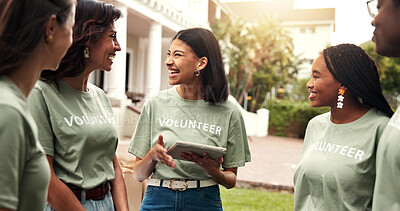 Buy stock photo Woman, volunteer and smile at event with tablet, sign up and appoint task for community outreach. Happy, coordinator or people with tech for charity, participation and job allocation for distribution