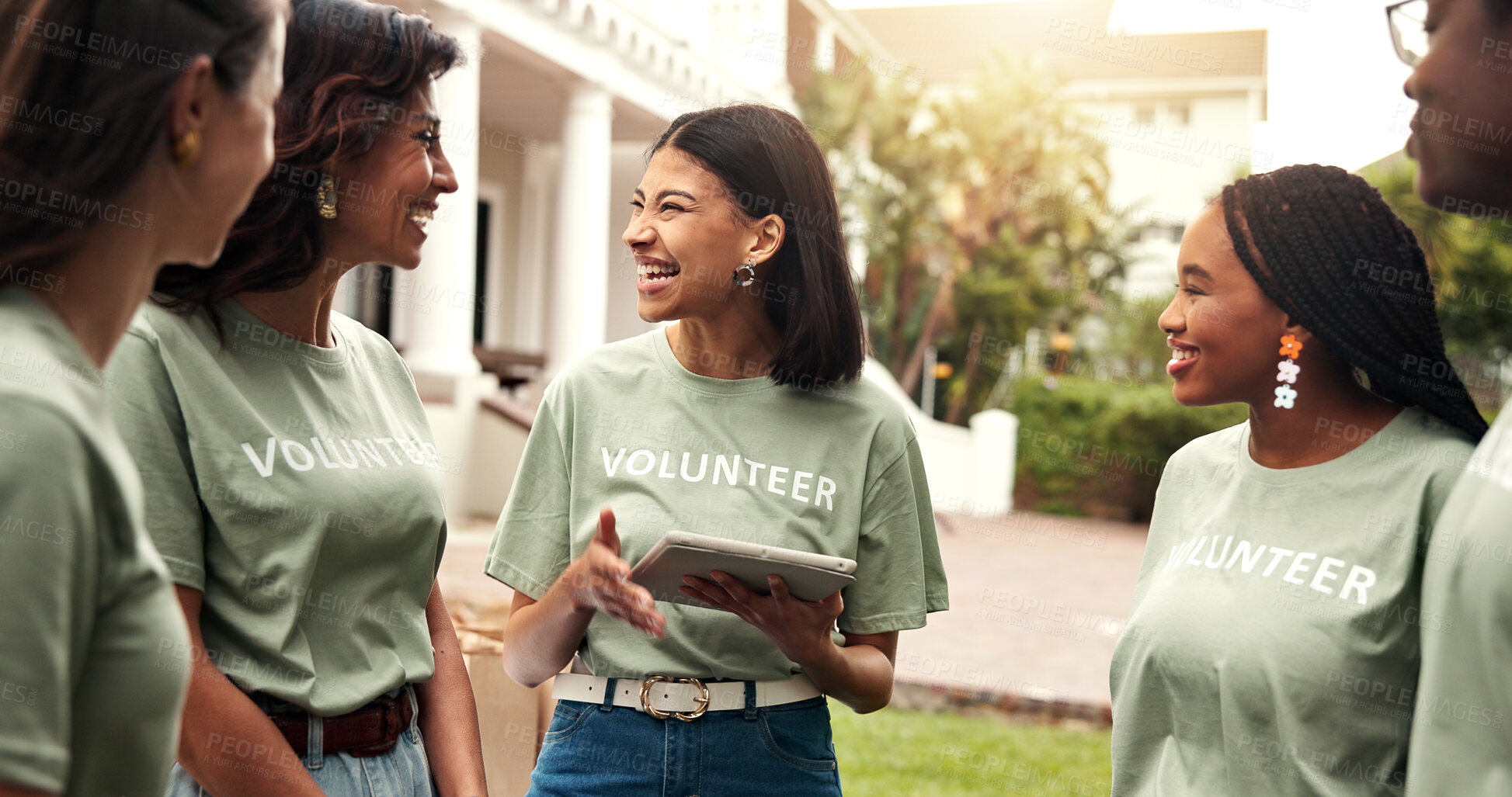 Buy stock photo Woman, volunteer and smile at event with tablet, sign up and appoint task for community outreach. Happy, coordinator or people with tech for charity, participation and job allocation for distribution