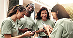 Volunteer, people or laugh outdoor for phone, group chat update or funny bts video at outreach event. NGO, happy team and mobile for community service meme, bonding and inside joke in charity circle
