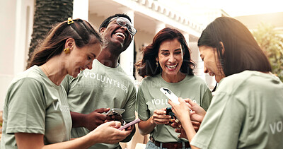 Buy stock photo Volunteer, people or laugh outdoor for phone, group chat update or funny bts video at outreach event. NGO, happy team and mobile for community service meme, bonding and inside joke in charity circle
