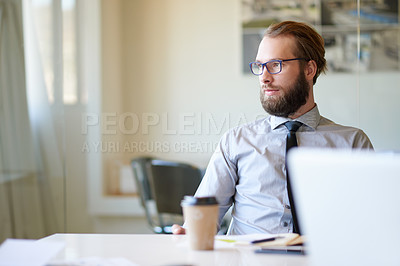 Buy stock photo Finance, business man and thinking in office for investment decision, budget insight and proposal. Space, financial analyst and thoughtful at desk for funding opportunity, reflection or contemplating