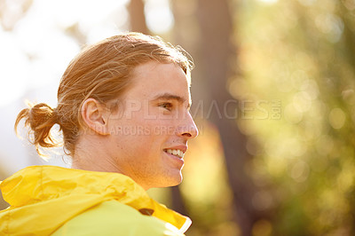 Buy stock photo Thinking, man and hiking in forest outdoor for planning, ideas and route for trekking adventure. Contemplating, male person and thoughts to explore woods, travel journey and sightseeing on vacation
