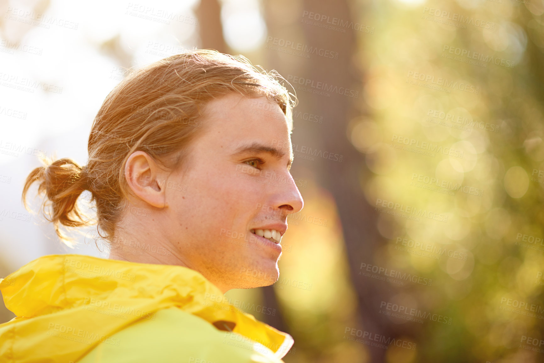 Buy stock photo Thinking, man and hiking in forest outdoor for planning, ideas and route for trekking adventure. Contemplating, male person and thoughts to explore woods, travel journey and sightseeing on vacation