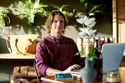 Buy stock photo Office, creative and portrait of man with laptop for digital marketing, SEO content writer and research. Startup, company and person with computer for website review, report and online business