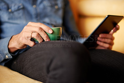 Buy stock photo Tea, hands or man on tablet in cafe for online research, small business review or social media. Freelancer, coffee or closeup of customer on technology for remote work, feedback or hospitality rating