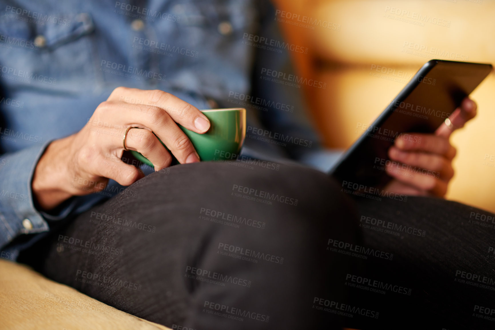 Buy stock photo Tea, hands or man on tablet in cafe for online research, small business review or social media. Freelancer, coffee or closeup of customer on technology for remote work, feedback or hospitality rating