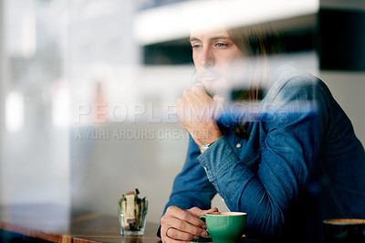 Buy stock photo Thinking, window and man in coffee shop in morning with cappuccino, espresso and beverage. Restaurant, cafe and person with ideas, thoughtful and inspiration for relaxing, calm and peace with drink