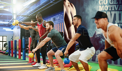 Buy stock photo Kettlebell, challenge and fitness with people at gym for bodybuilder bootcamp, training or workout. Personal trainer, weightlifting and exercise class with group of athletes in sports club for health
