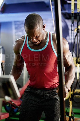 Buy stock photo Workout, muscle and equipment with black man in gym for pulley machine, training and fitness. Health, intense exercise and bodybuilder with person in sports club for weightlifting, strong and athlete