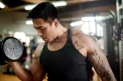 Buy stock photo Bodybuilder, fitness and man with dumbbell, gym and bodybuilding for muscle development or training. Wellness, athlete and person with equipment for strength, health and workout routine with weights