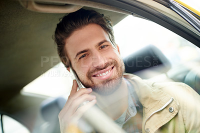 Buy stock photo Portrait, smile and man in car with phone call, online communication or daily commute to workplace. Happy, digital or consultant in vehicle with mobile, network or conversation update on urban travel