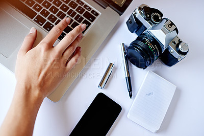 Buy stock photo Designer, hands and photographer with laptop, camera or notes for graphic design or photo editing. Top view, person and computer with digital technology or equipment for photography or online course