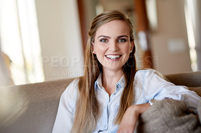 Buy stock photo Portrait, smile and woman in house for relax, peace and calm on weekend in morning for staycation. Living room, happy person and chill on sofa for comfort, break or confidence at home in Australia