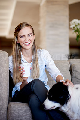 Buy stock photo Coffee, portrait and smile of woman with dog on sofa in living room of home for break together. Drink, petting or scratching with border collie and pet owner in apartment for bonding or loyalty