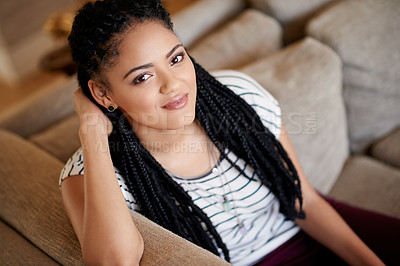 Buy stock photo Portrait, smile and woman in living room for comfortable, relax and couch in home for student wellness. Lounge, rest and person for university break with apartment, sofa and weekend morning for peace