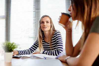 Buy stock photo Discussion, documents and meeting with business women in office for teamwork, designer project and update. Collaboration, creative partnership and startup with employees in agency for brainstorming