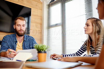 Buy stock photo Boardroom, team and people with paperwork, meeting and plan for campaign budget, info and marketing. Collaboration, man and colleagues with documents for strategy, brand strategist and research